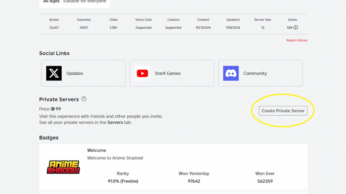 Anime Shadow Private Server Links för Roblox