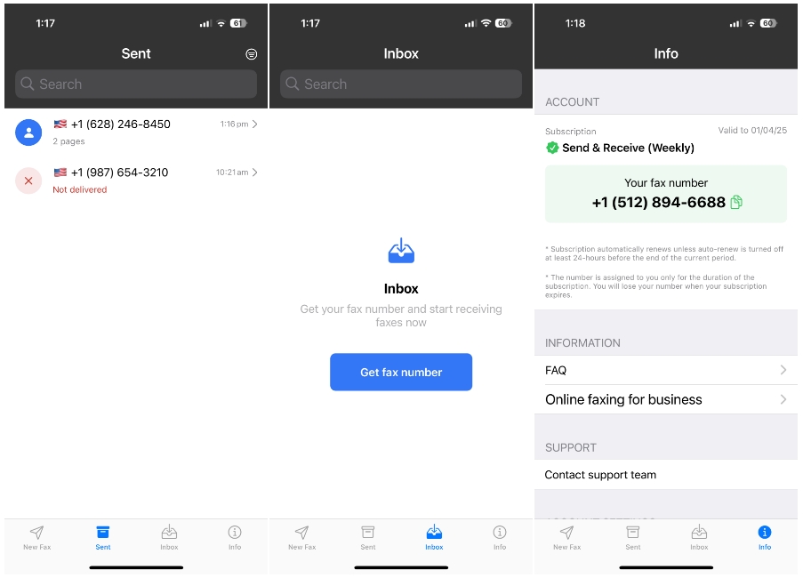 Skärmdumpar som förhandsvisar den skickade faxstatusen och skapandet av lokalt faxnummer på monicorn -faxet från iPhone -appen