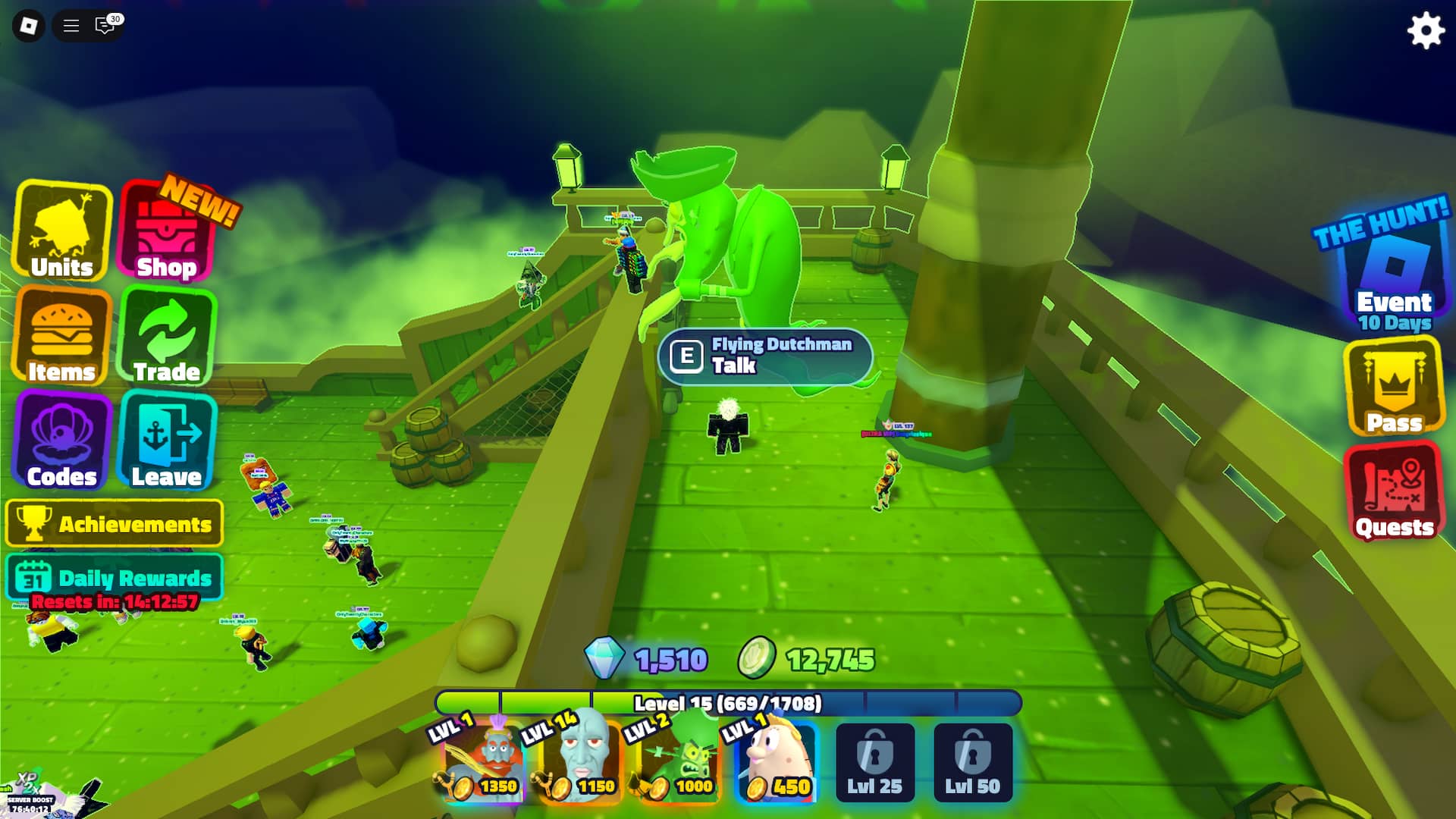 Flying Dutchman i Trading Plaza under Hunt Mega -evenemanget i SpongeBob Tower Defense Roblox Experience