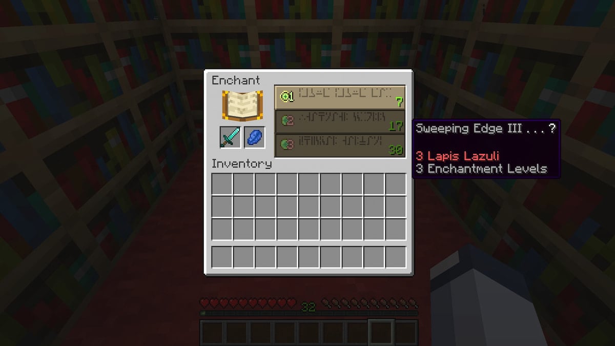 Förtrollning av ett svärd på ett minecraft förtrollningsbord