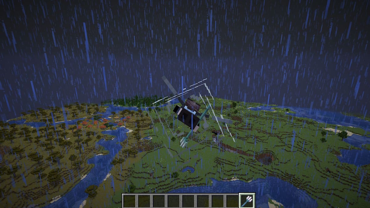 Använda en trident förtrollad med riptid och en elytra för att segla genom en åskväder i Minecraft