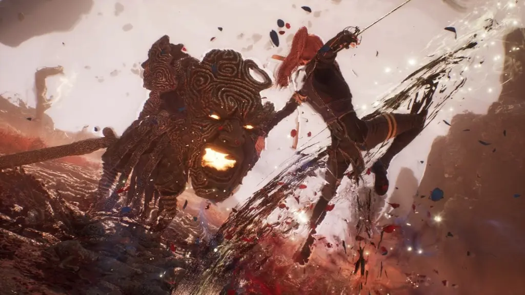 Key art of a stylized battle where the player character attacks a monster.