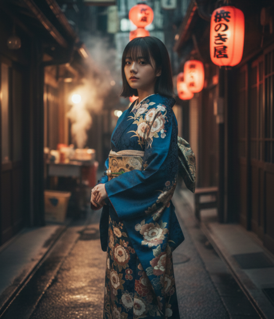 a woman in a traditional Showa-era kimono at night