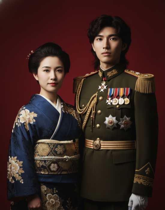 a couple in formal Showa-era gala attire