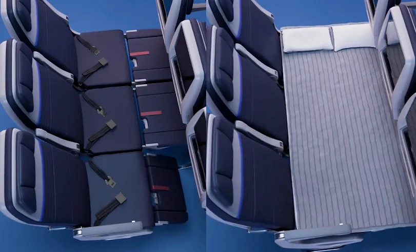 United couch seats seen with and without blanket.