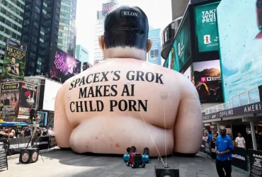 Uppblåsbar Elon Musk på Times Square ber om att få spricka – Grok verkligt?